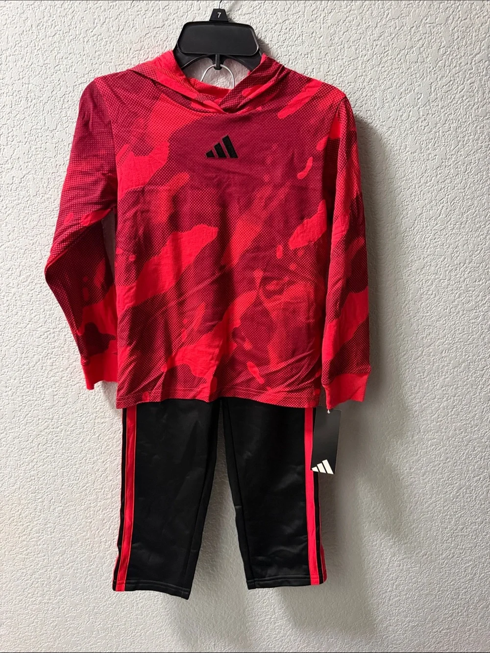 adidas Red Camo Hooded Long-Sleeve Top with Black Leggings